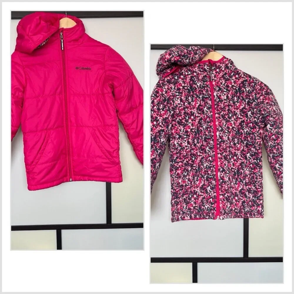 Columbia Girls Revrsible Jacket 10-12 Pink Hooded Fleece Lined School Preppy Ski